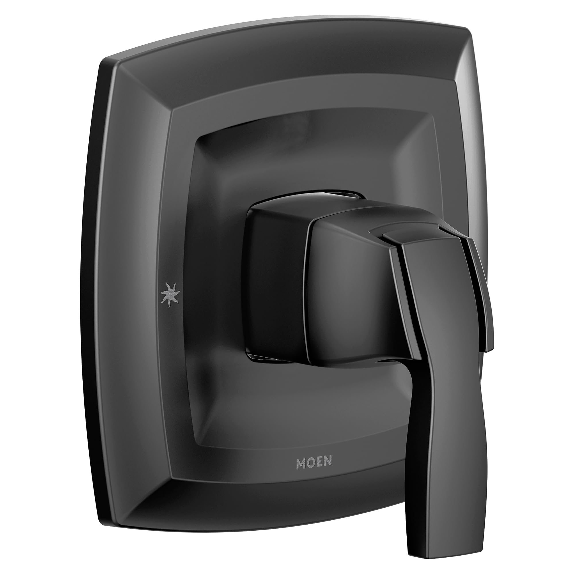 Moen Voss matte black single-handle valve trim with squared escutcheon plate and lever handle.