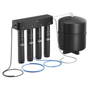 Moen under-sink water filtration system with four black filter cartridges, black storage tank, and blue connecting tubing.