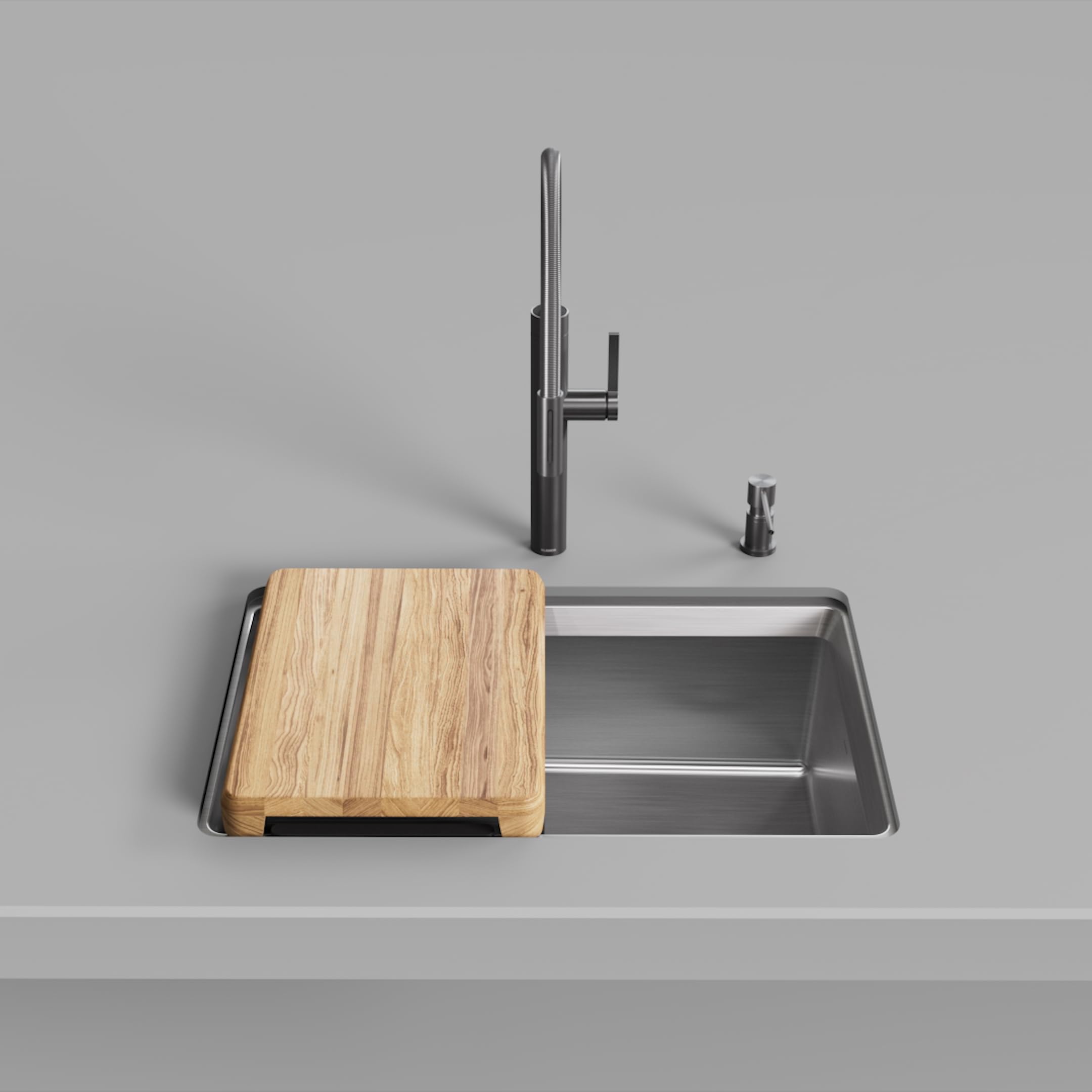 Stainless steel kitchen sink with single basin, wooden cutting board, tall faucet with side sprayer, and soap dispenser.