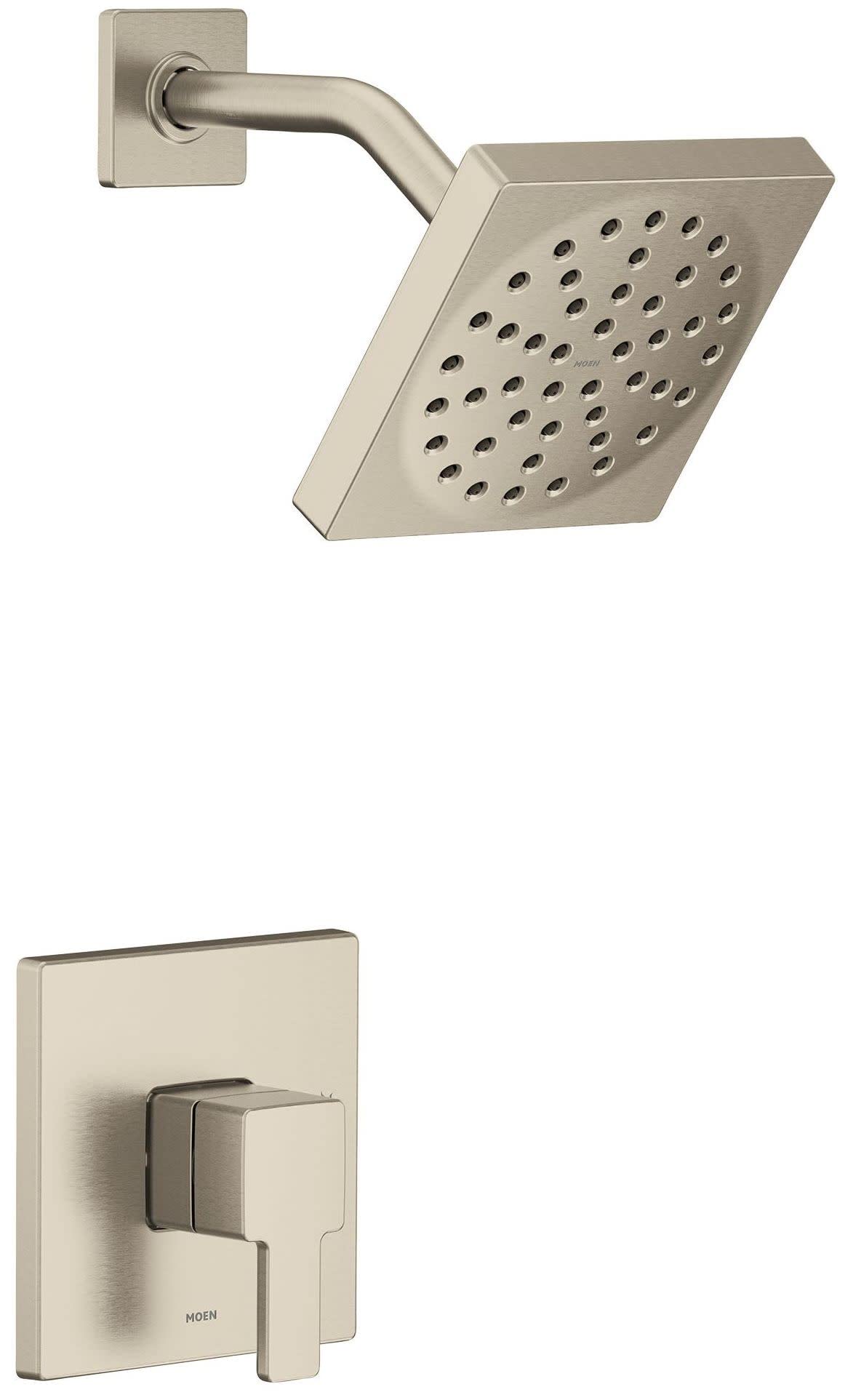 Brushed nickel shower trim with square showerhead, curved arm, and single handle valve control on rectangular escutcheon plat