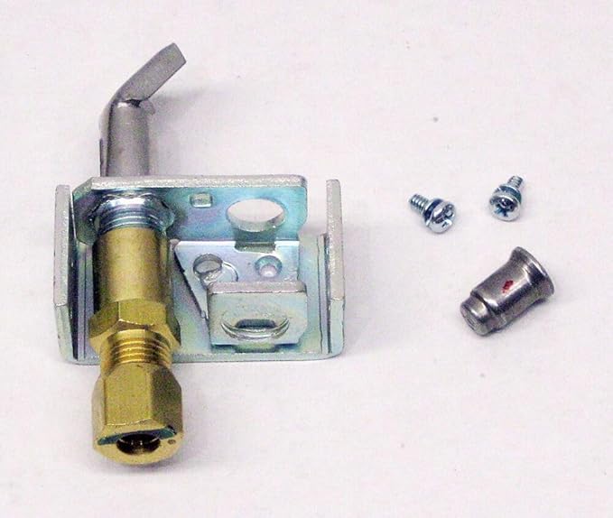 Robertshaw pilot uni-kit assembly with brass valve, metal bracket, two screws, and metal fitting component.