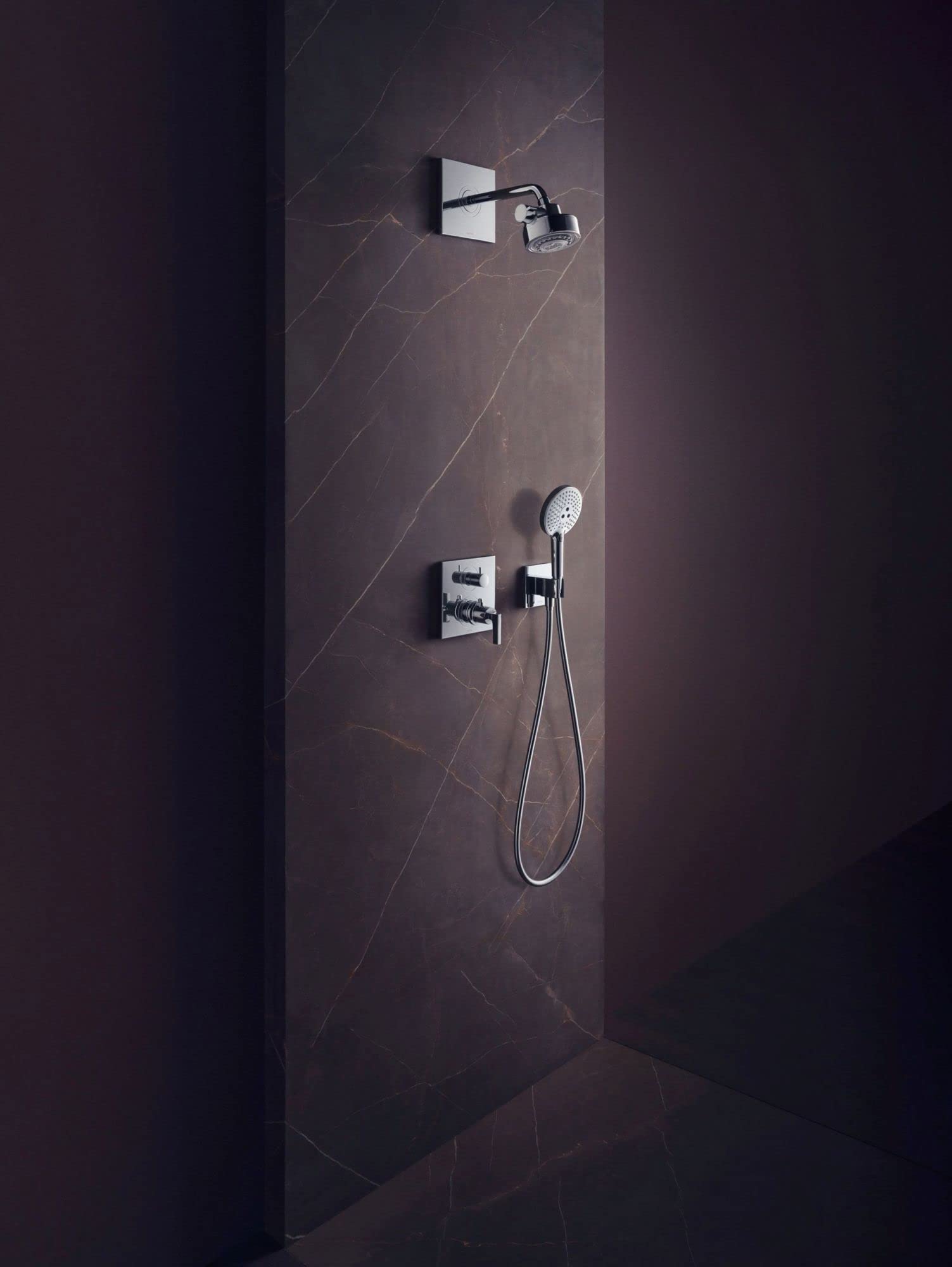 Chrome thermostatic shower trim with square wall plate, control handles, overhead spray, and hand shower with hose on dark ti