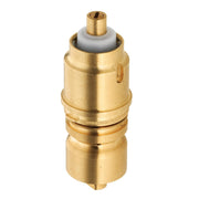 Brass faucet cartridge with gray rubber seal and small handle slot on cylindrical body.