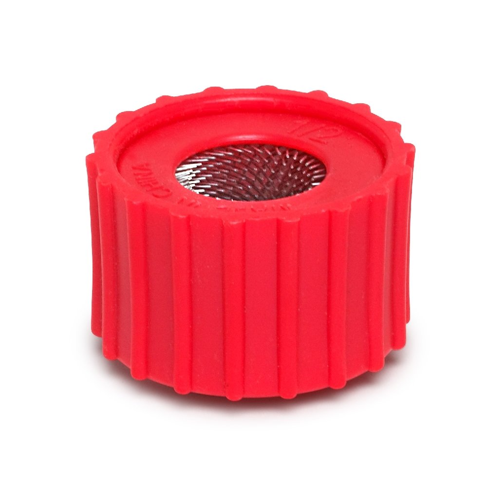 Red tube cleaning brush with metallic bristles inside cylindrical plastic housing with ribbed exterior.