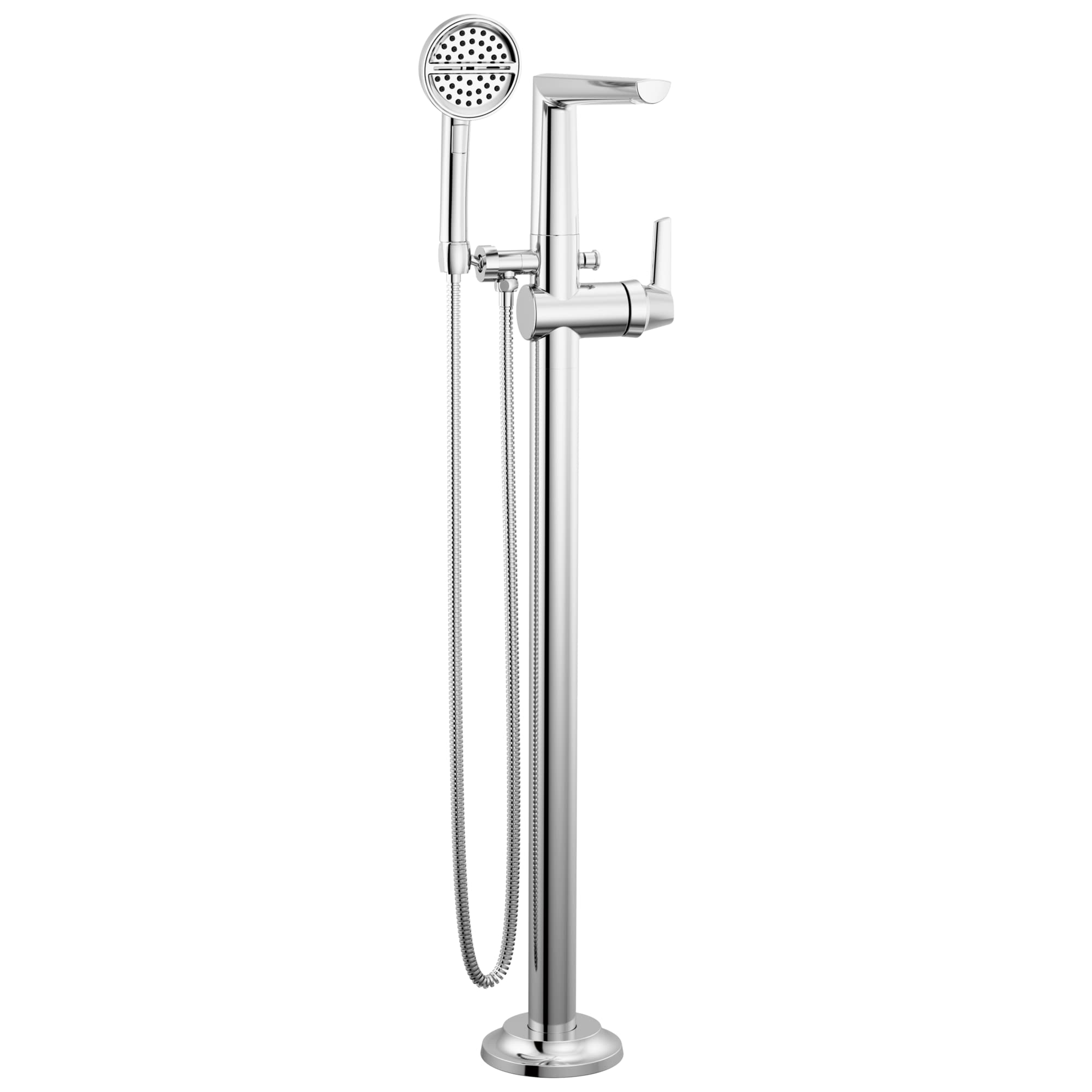 Chrome free standing tub filler with hand shower, floor mount spout, and single lever control.