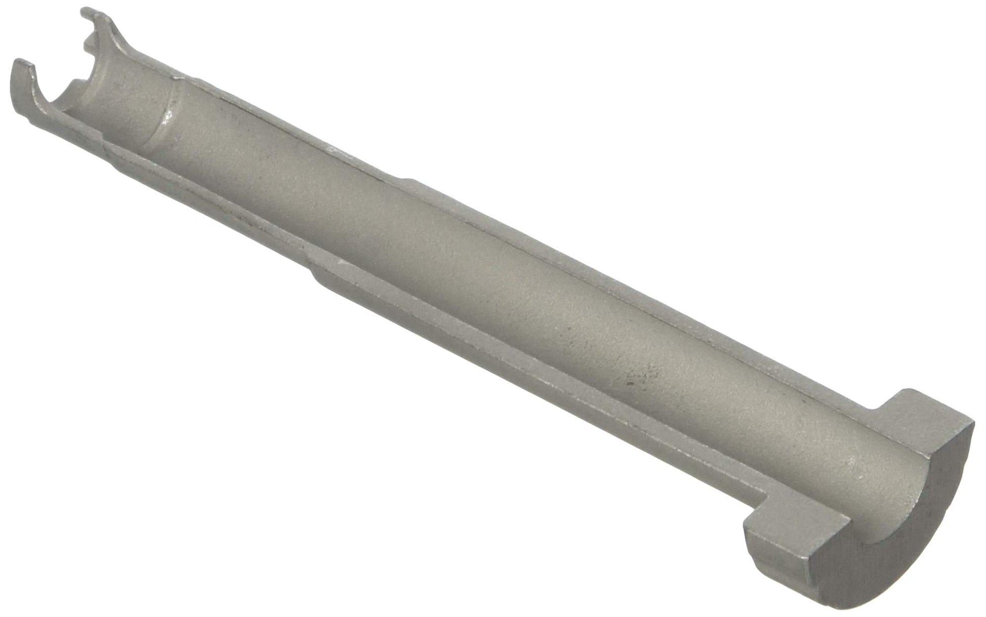 Chrome-finished metal disassembling key tool with forked end and flat grip handle.