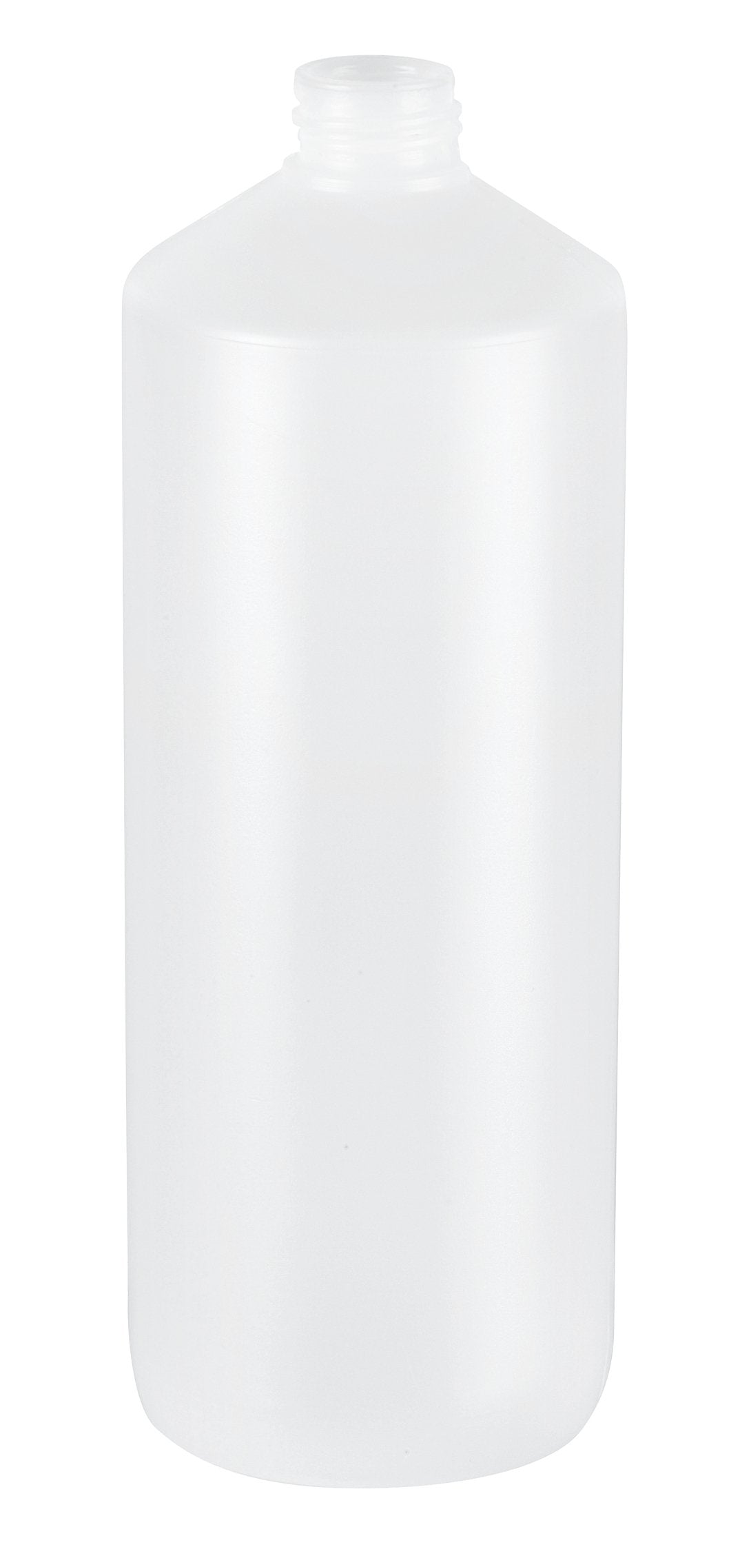 Clear plastic cylindrical soap container with threaded neck opening.