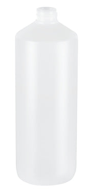 Clear plastic cylindrical soap container with threaded neck opening.