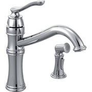 Chrome kitchen faucet with high arc spout, single lever handle, and separate side spray attachment.