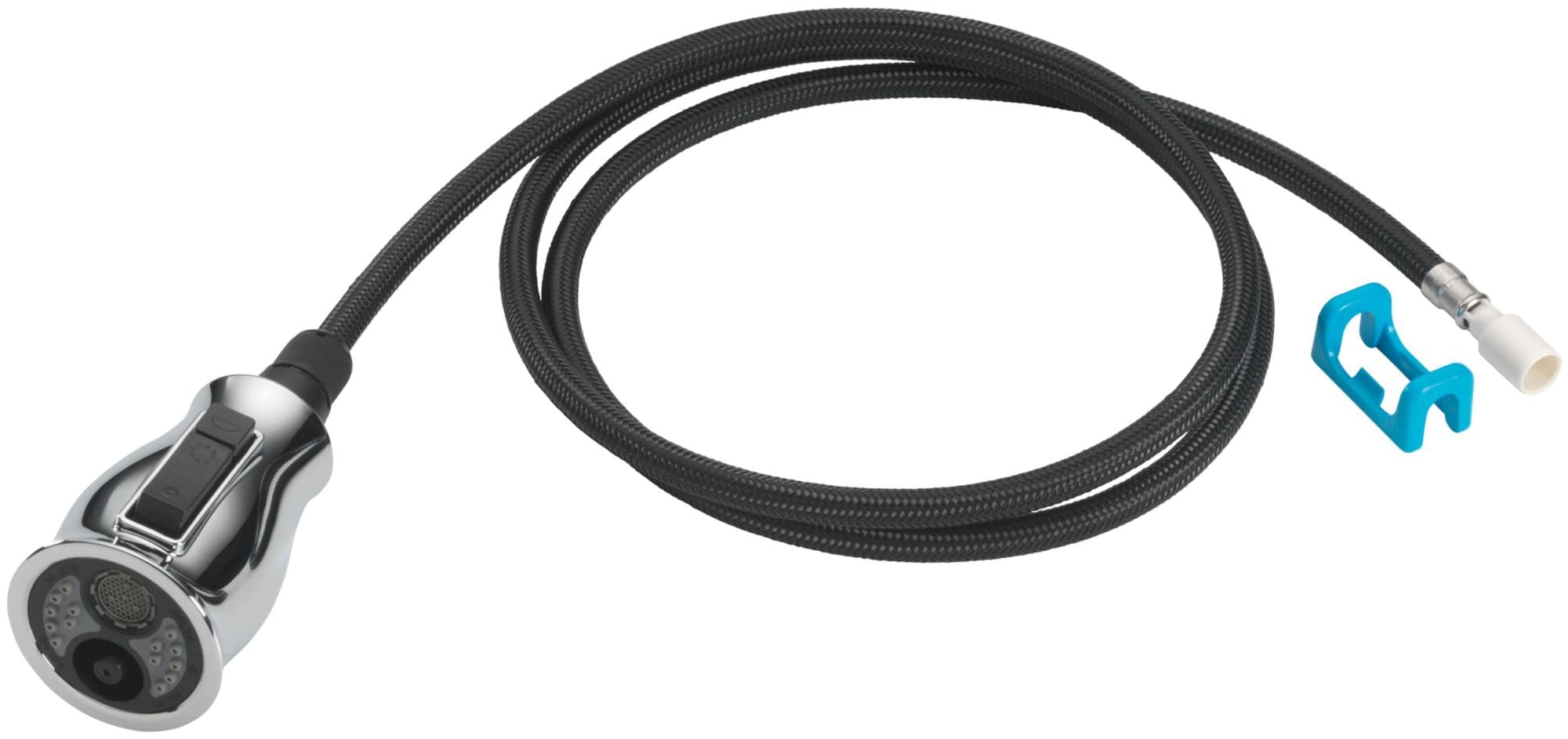 Matte black sprayer assembly with braided hose, trigger handle, and blue connector clip.