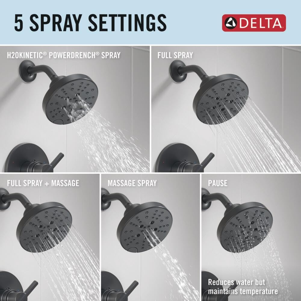 Matte black Delta showerhead with curved arm showing five spray settings including H2Okinetic, full spray, massage, and pause