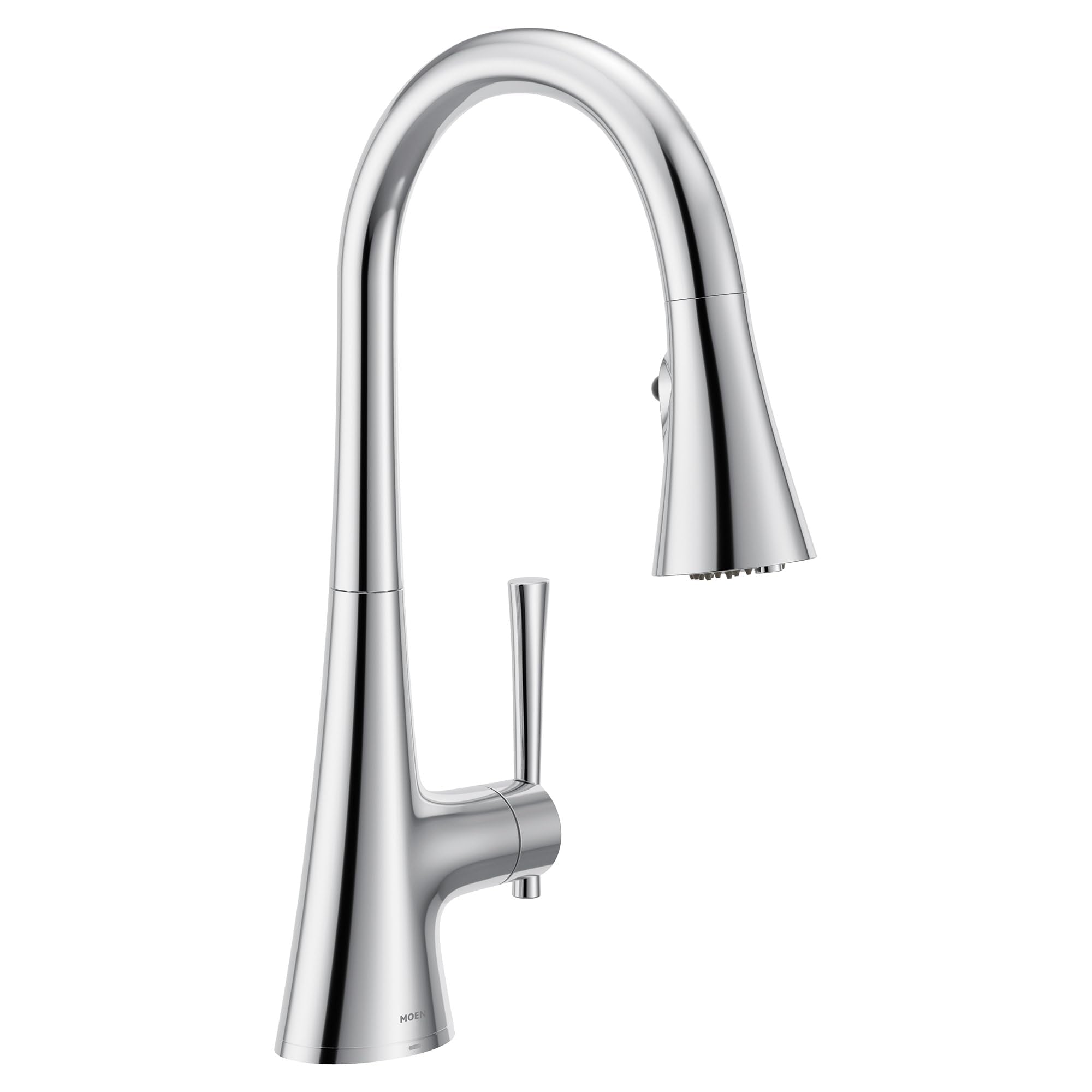 Chrome pull-down kitchen faucet with curved spout and single handle control.