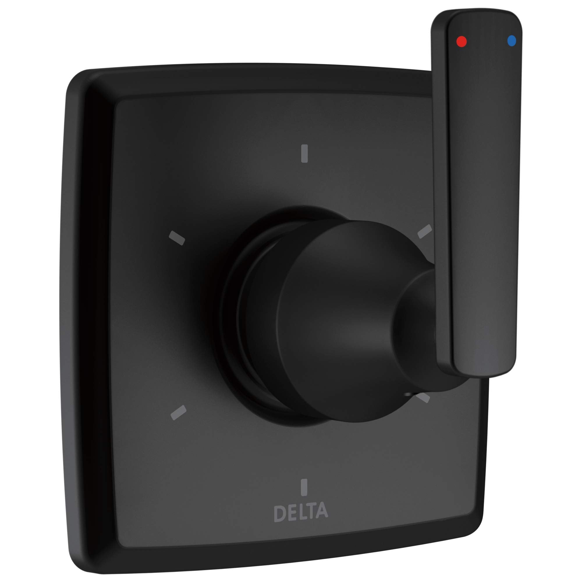 Black Delta diverter trim with round handle, square escutcheon plate, and red and blue indicator dots on vertical lever.