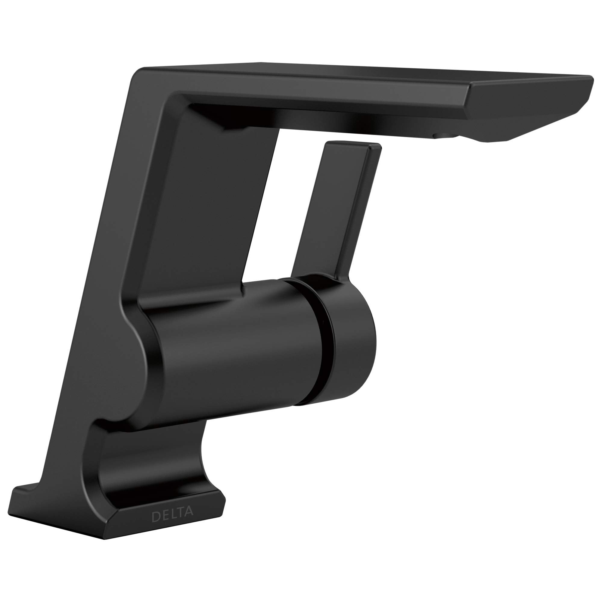 Black single-handle bathroom faucet with angular spout and cylindrical pivot handle on square base.
