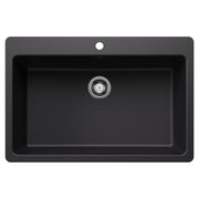 Coal black single bowl kitchen sink with chrome drain strainer and rounded rim edges.