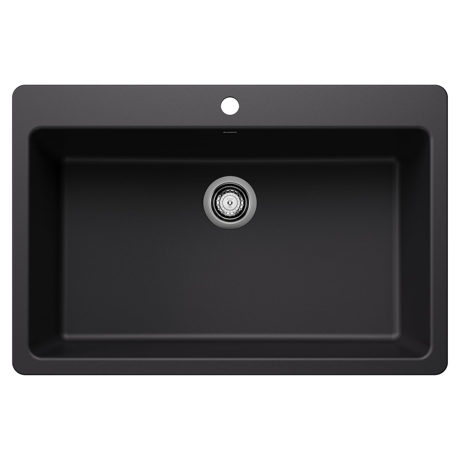 Coal black single bowl kitchen sink with chrome drain strainer and rounded rim edges.