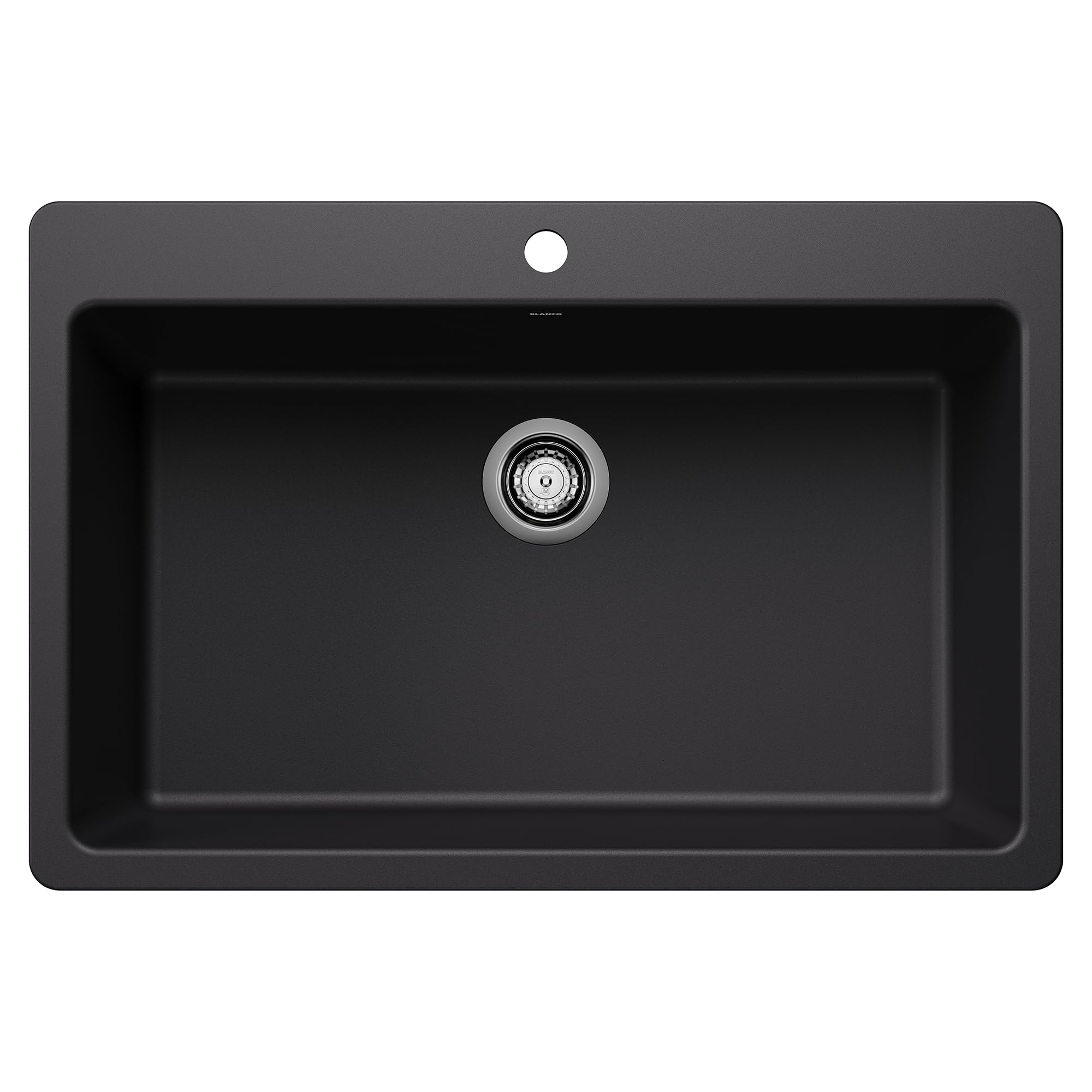 Coal black single bowl kitchen sink with chrome drain strainer and rounded rim edges.