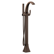 Oil rubbed bronze freestanding tub filler with curved spout, single handle, and attached handheld showerhead.