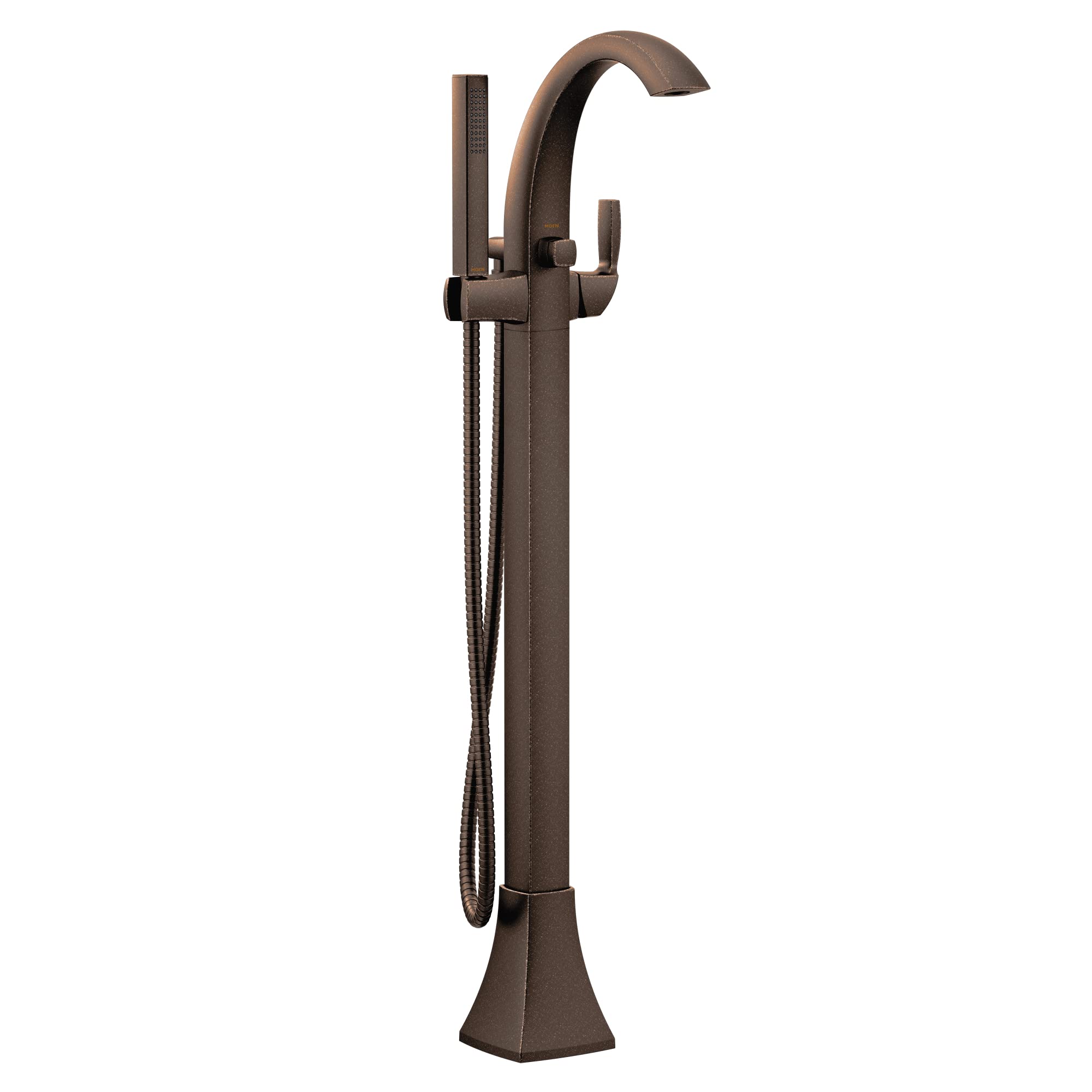 Oil rubbed bronze freestanding tub filler with curved spout, single handle, and attached handheld showerhead.