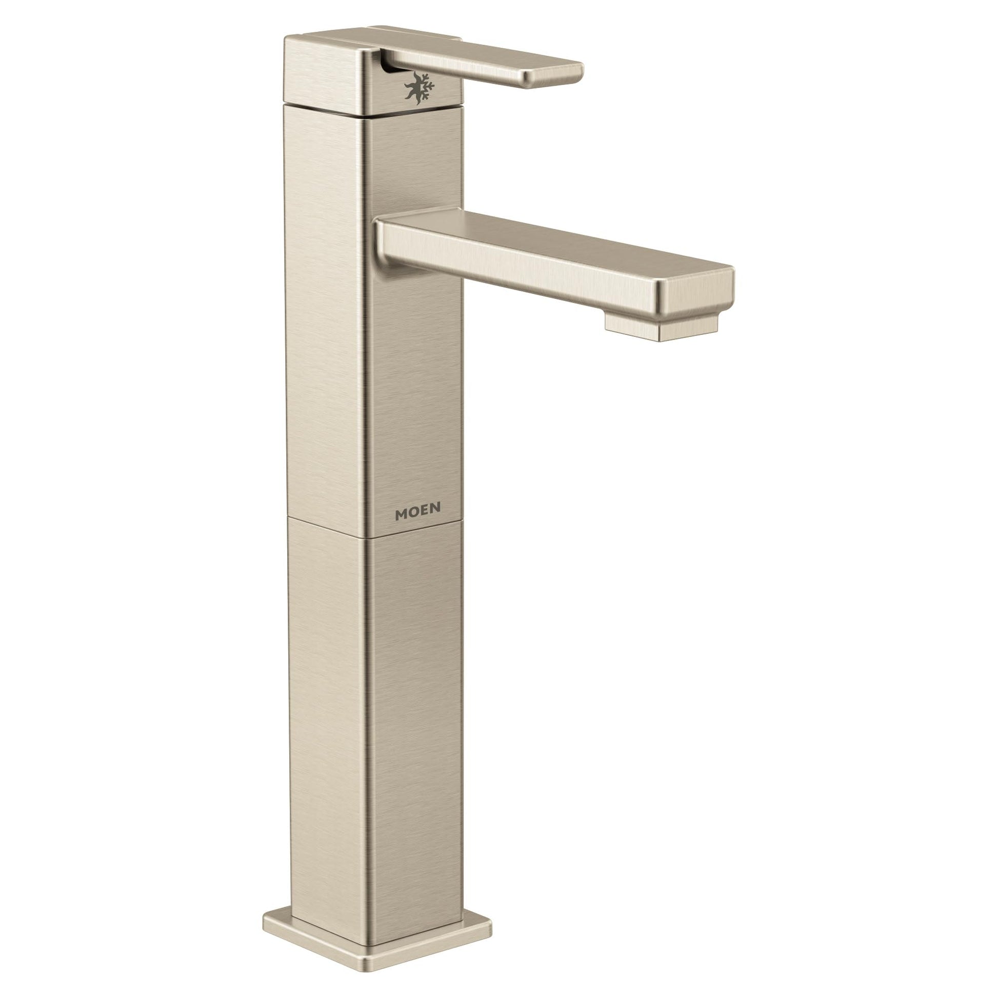 Brushed nickel single-handle vessel sink faucet with angular spout and tall square base.