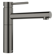 Satin dark steel bar-style faucet with tall cylindrical body, horizontal spout, and single lever handle.