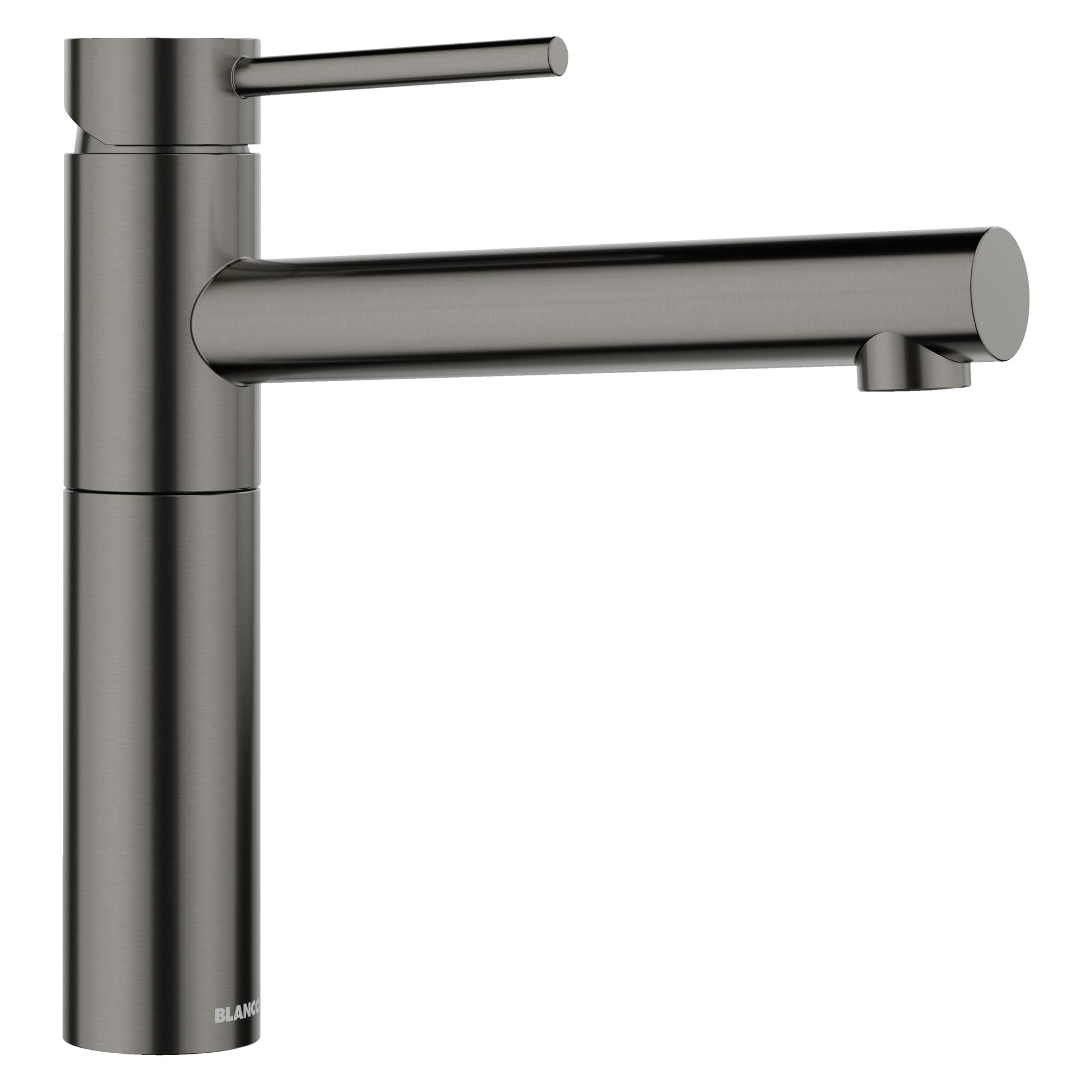 Satin dark steel bar-style faucet with tall cylindrical body, horizontal spout, and single lever handle.