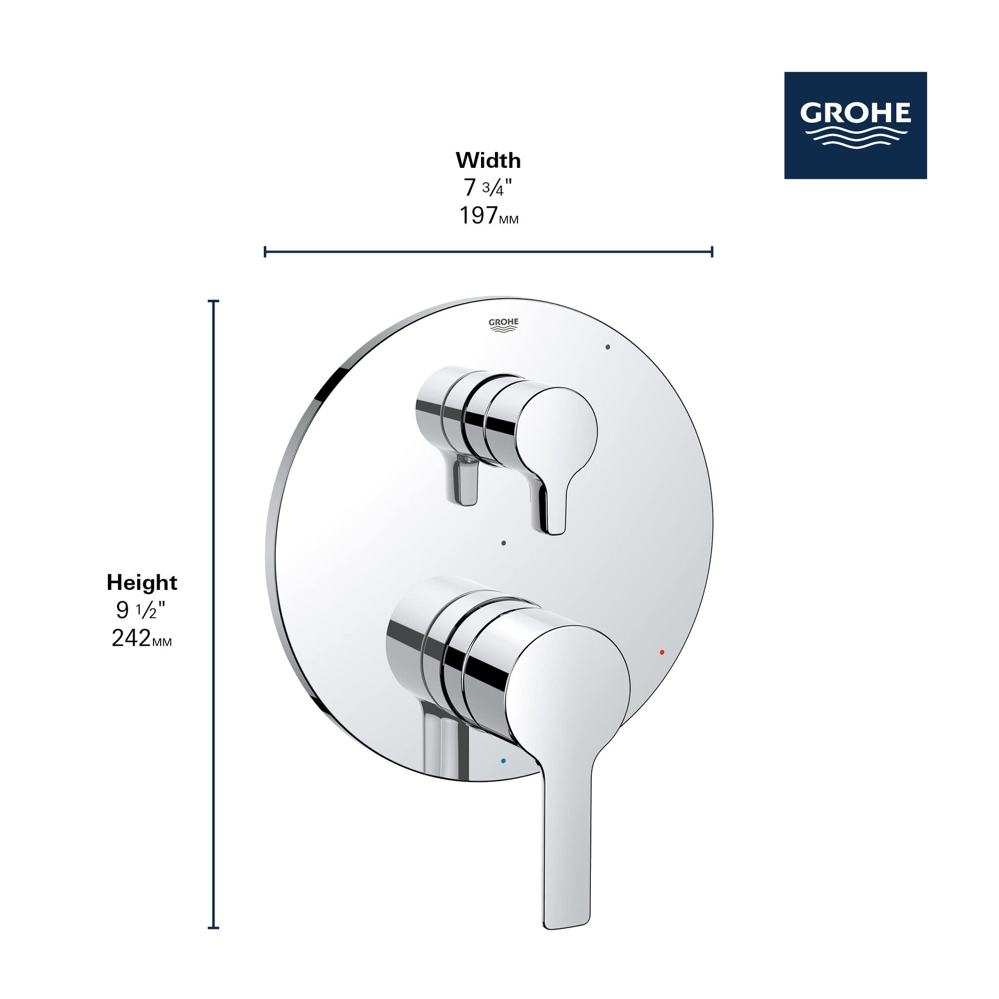 Chrome pressure balance valve trim with two handles and diverter lever on circular escutcheon plate.