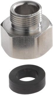 Metallic PEX compression adapter with threaded male connection and black rubber washer ring component.