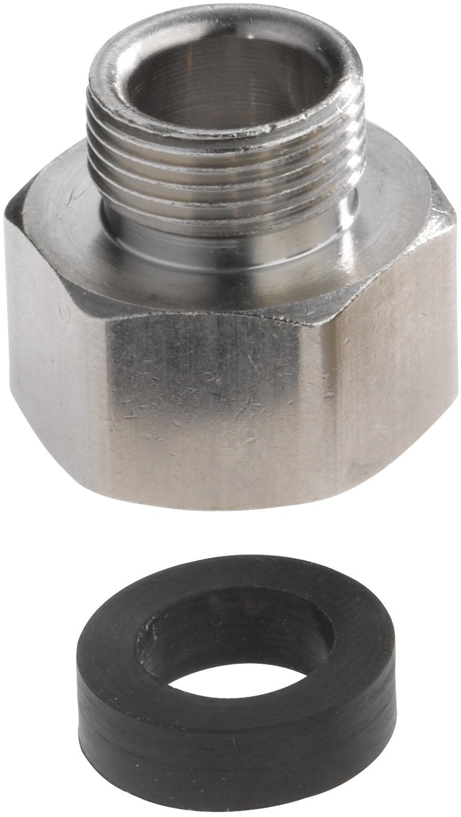 Metallic PEX compression adapter with threaded male connection and black rubber washer ring component.