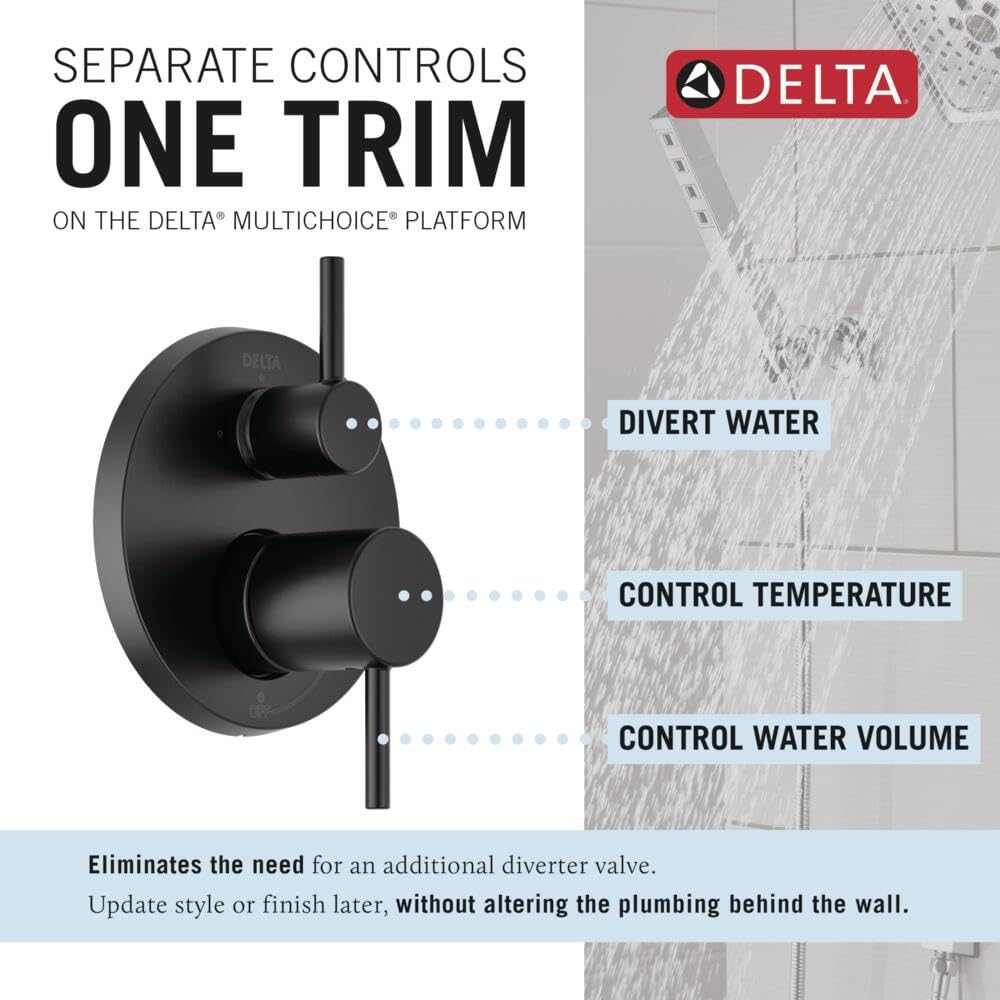 Matte black Delta shower valve with dual handles for temperature and water volume control, shown with raincan and hand shower