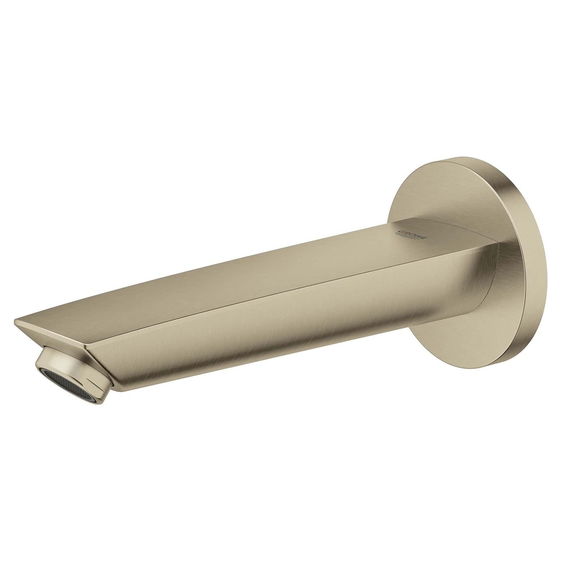 Brushed nickel wall-mounted tub spout with curved cylindrical body and round flange.