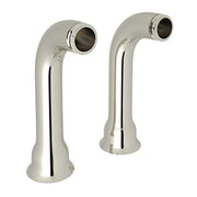 Two polished nickel curved tub filler extensions with angled spouts and circular openings.
