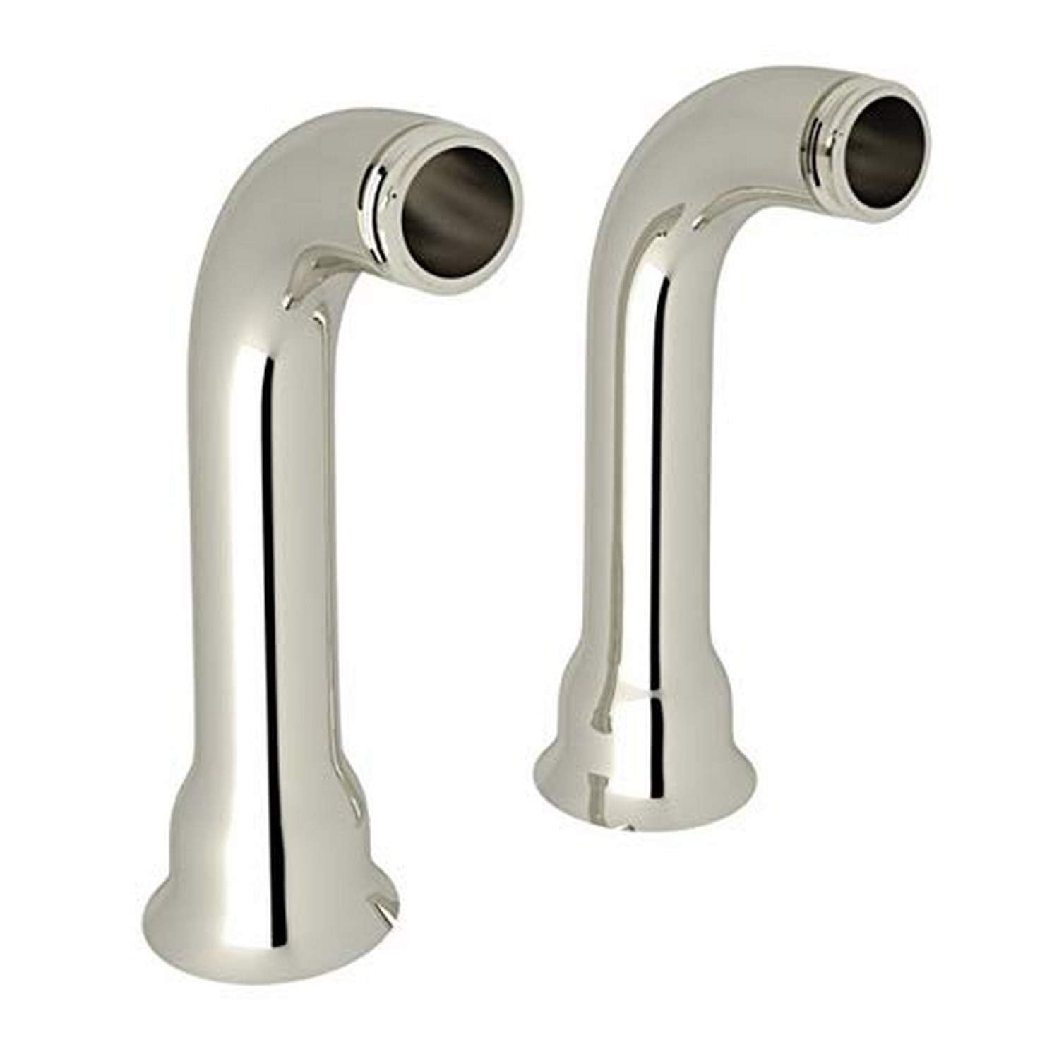 Two polished nickel curved tub filler extensions with angled spouts and circular openings.