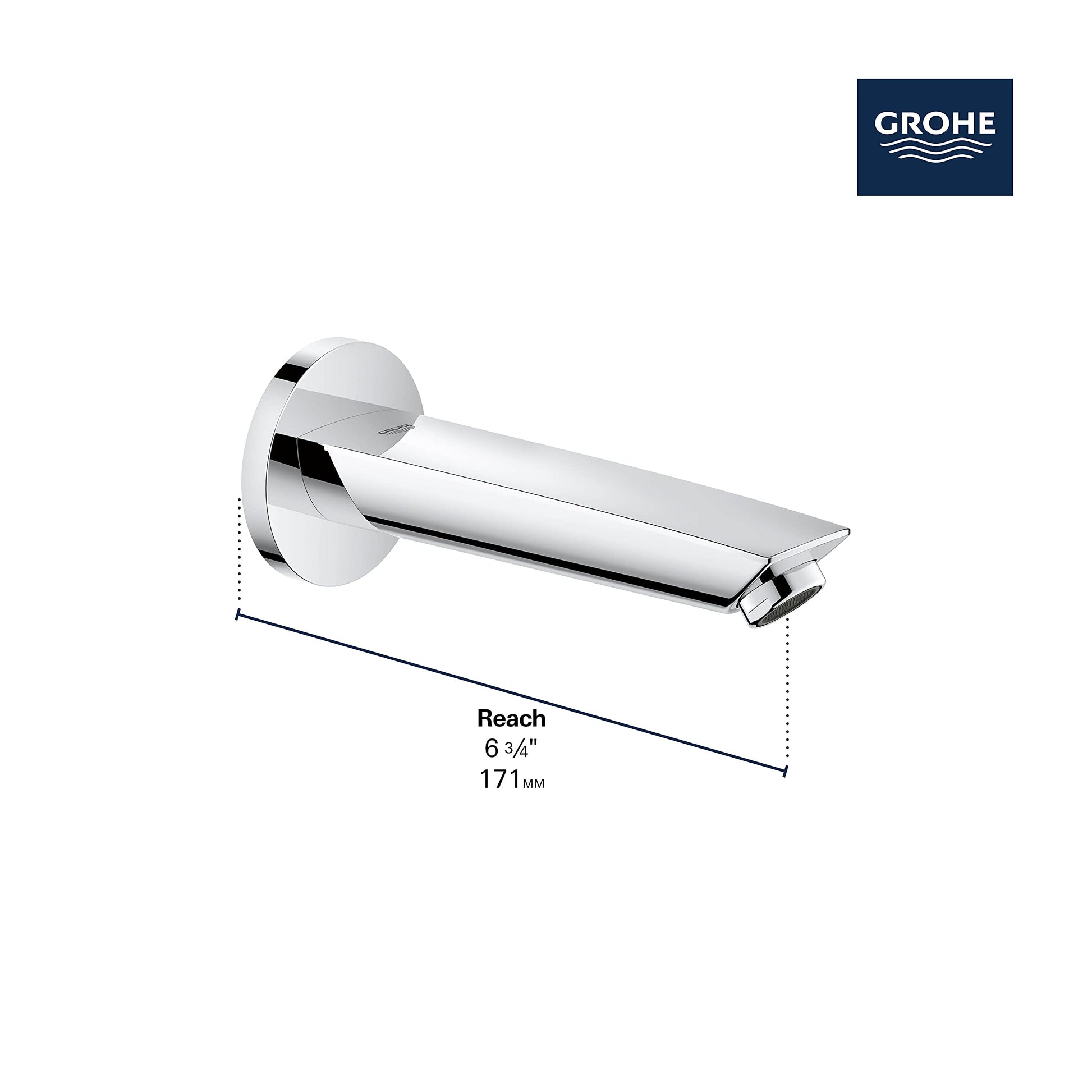 Grohe Eurosmart brushed nickel tub spout with wall-mounted round flange and 6.75-inch reach.