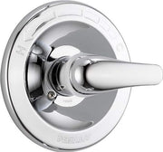 Chrome faucet valve trim kit with single lever handle and circular escutcheon plate.