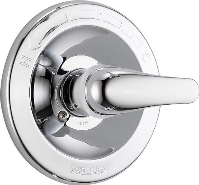 Chrome faucet valve trim kit with single lever handle and circular escutcheon plate.