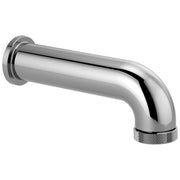 Chrome tub spout with diverter lever and textured grip handle on angled outlet.