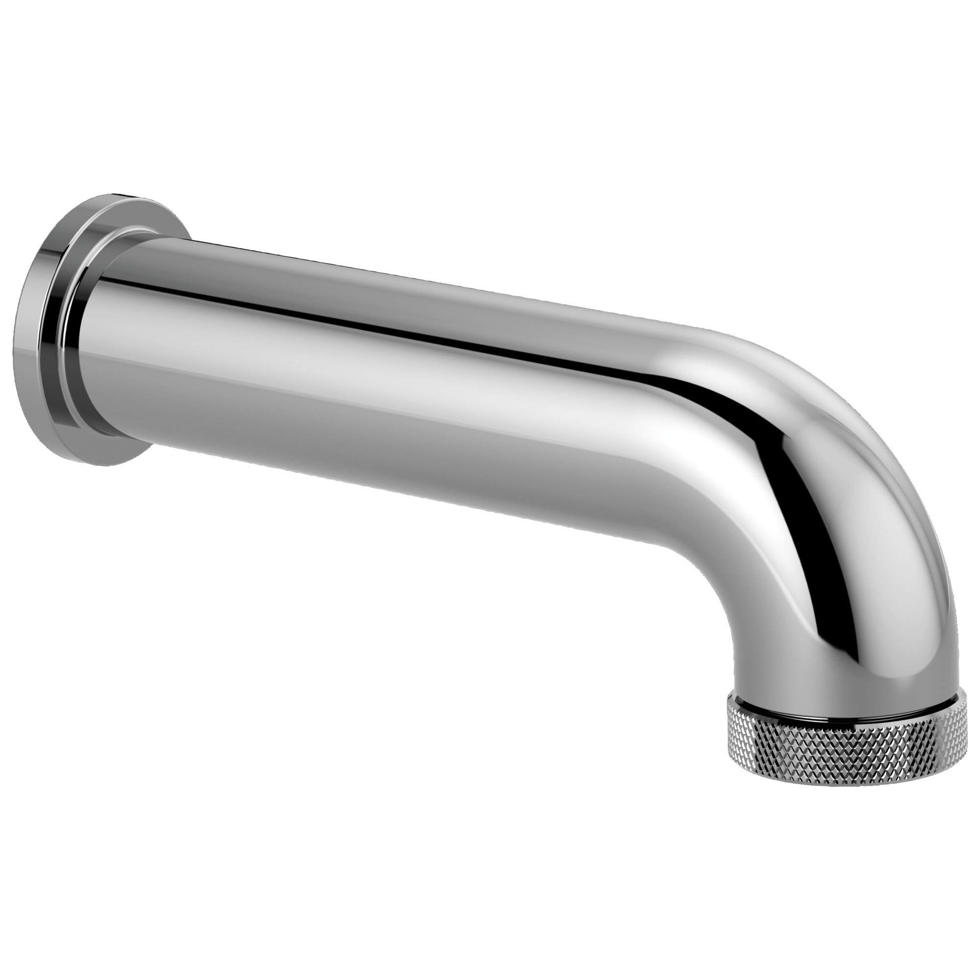 Chrome tub spout with diverter lever and textured grip handle on angled outlet.