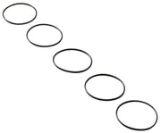 Five black rubber o-rings arranged diagonally on white background.