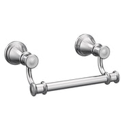 Chrome toilet paper holder with two wall-mounted flanges connected by a horizontal cylindrical rod.