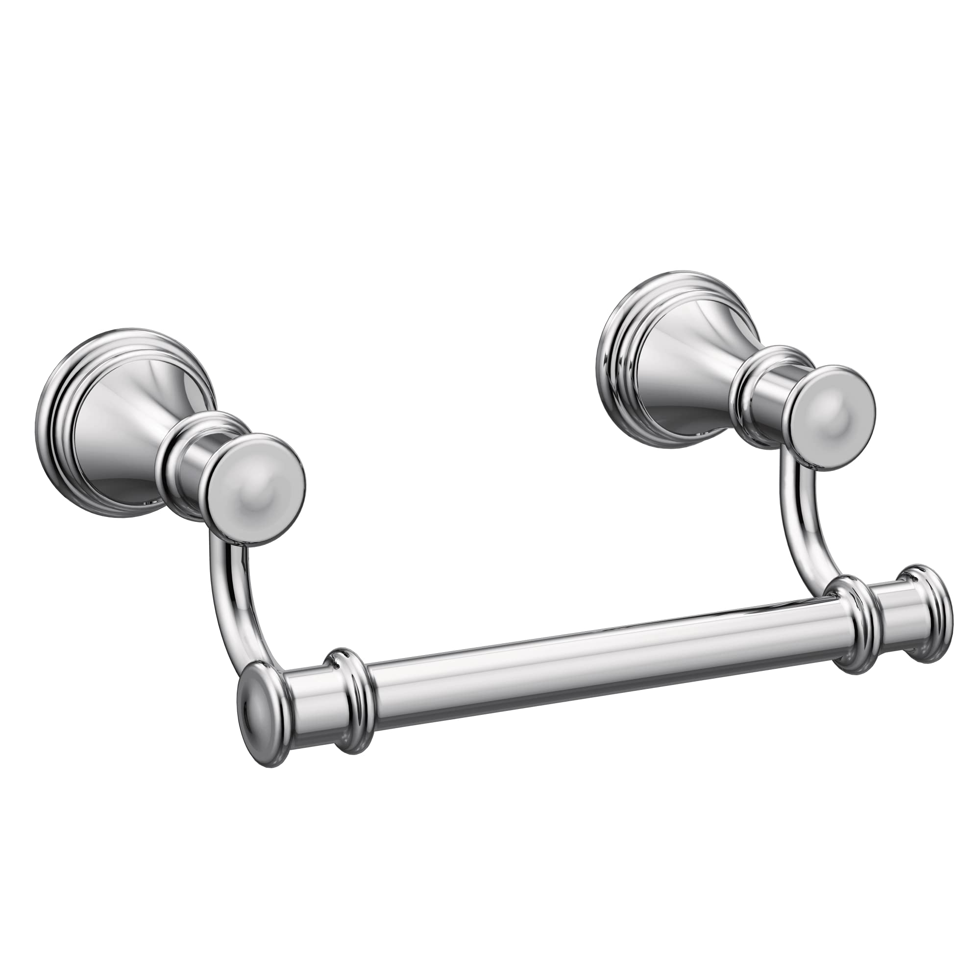 Chrome toilet paper holder with two wall-mounted flanges connected by a horizontal cylindrical rod.