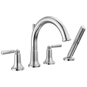 Chrome four-piece Roman tub faucet with curved spout, two lever handles, and detachable hand shower.