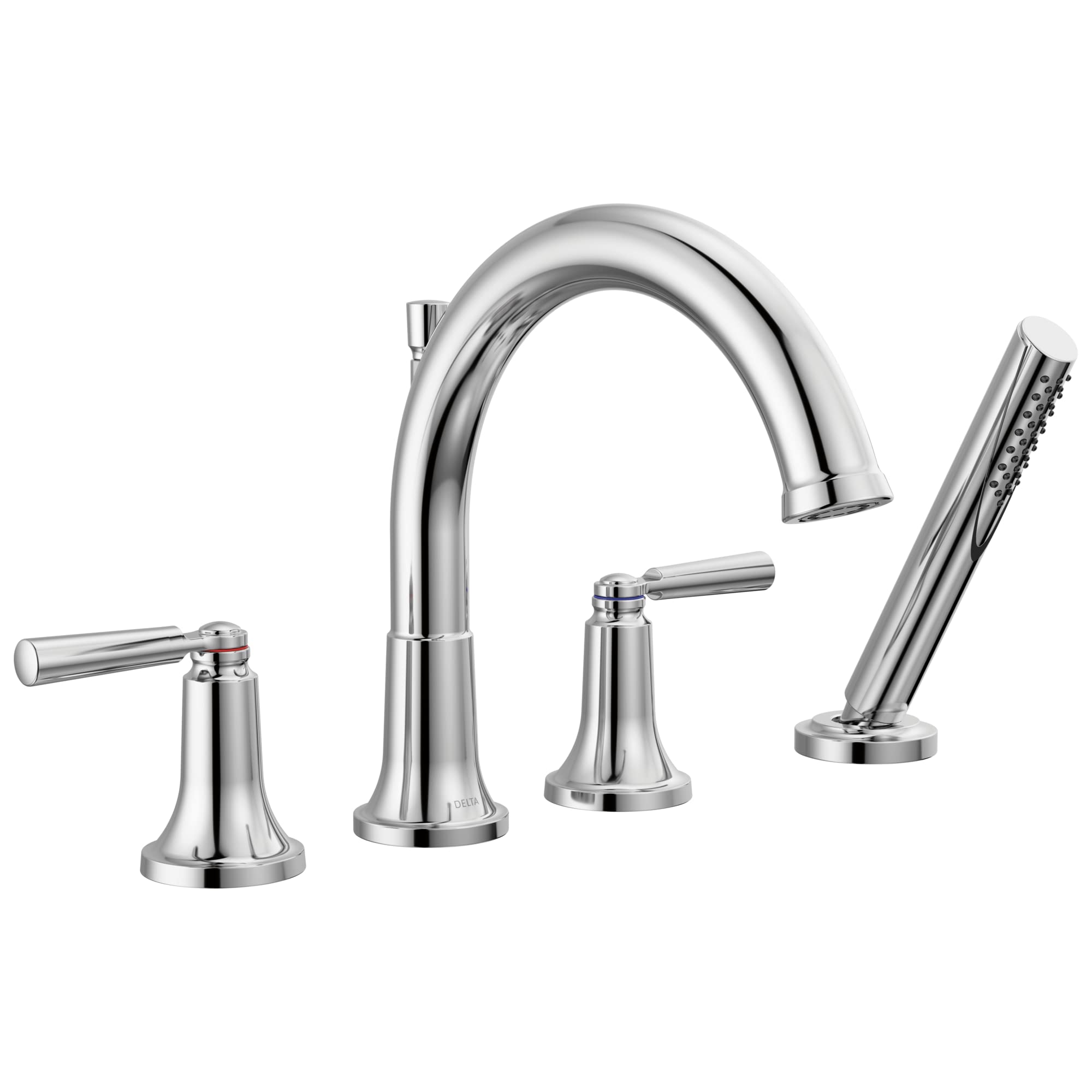 Chrome four-piece Roman tub faucet with curved spout, two lever handles, and detachable hand shower.