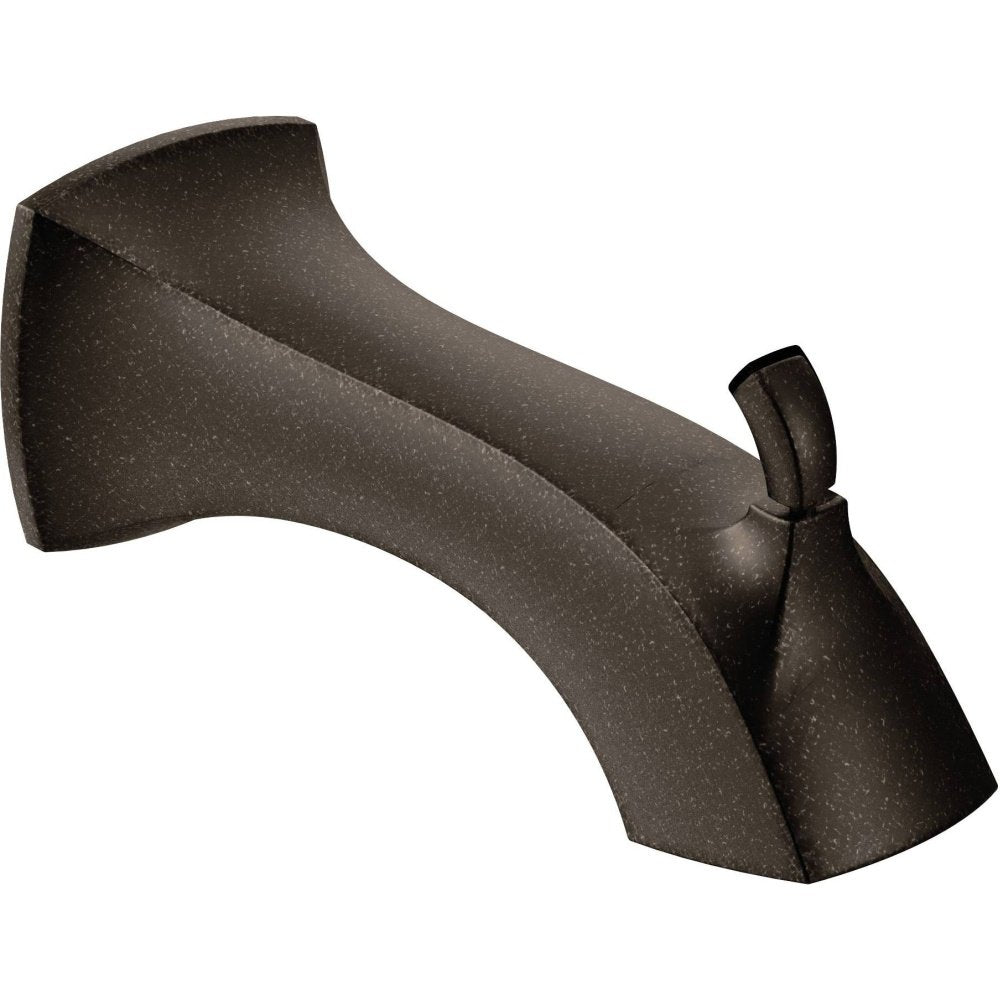 Oil-rubbed bronze tub spout with curved body and integrated diverter lever on right side.