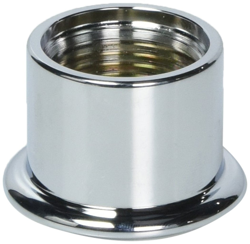 Cylindrical chrome trim sleeve with threaded interior and polished finish collar base.