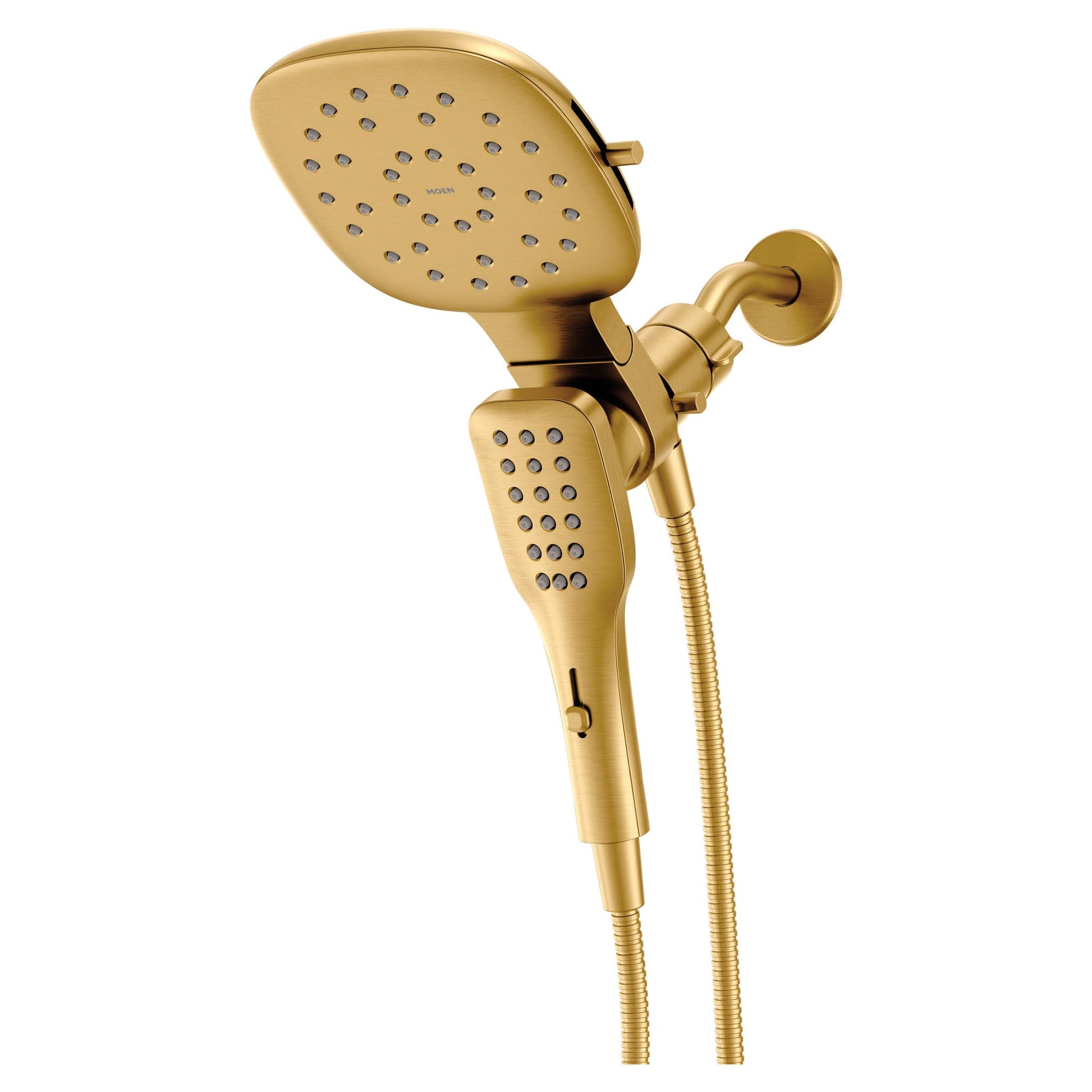 Brushed gold shower combo with large square rain head and detachable hand shower mounted on wall bracket with hose.
