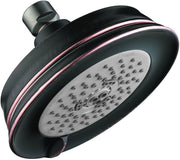Rubbed bronze circular shower head with white spray face and adjustable arm mount.