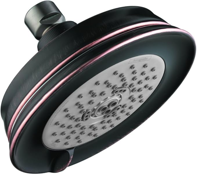 Rubbed bronze circular shower head with white spray face and adjustable arm mount.