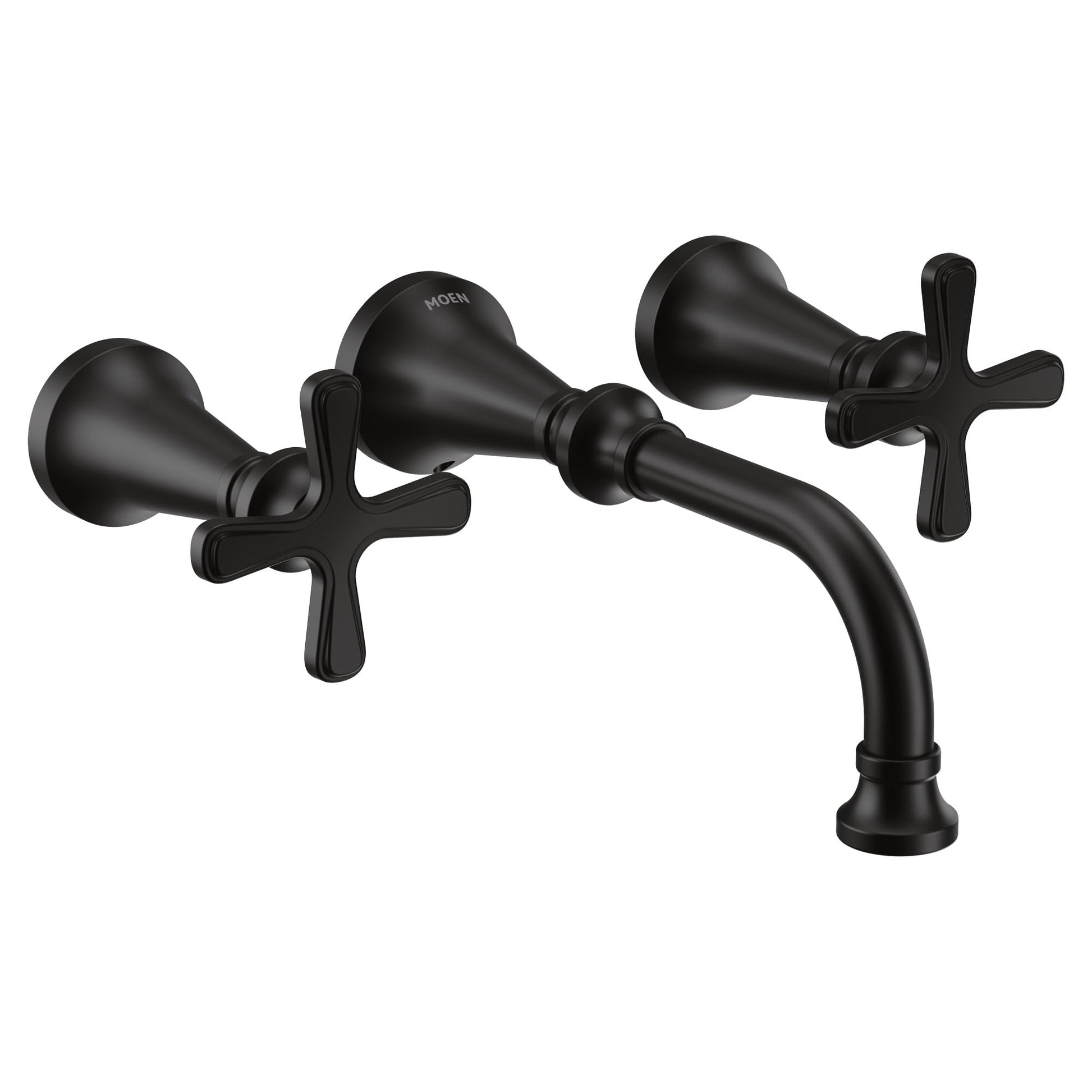 Matte black wall-mount bathroom faucet with curved spout and two cross handles.