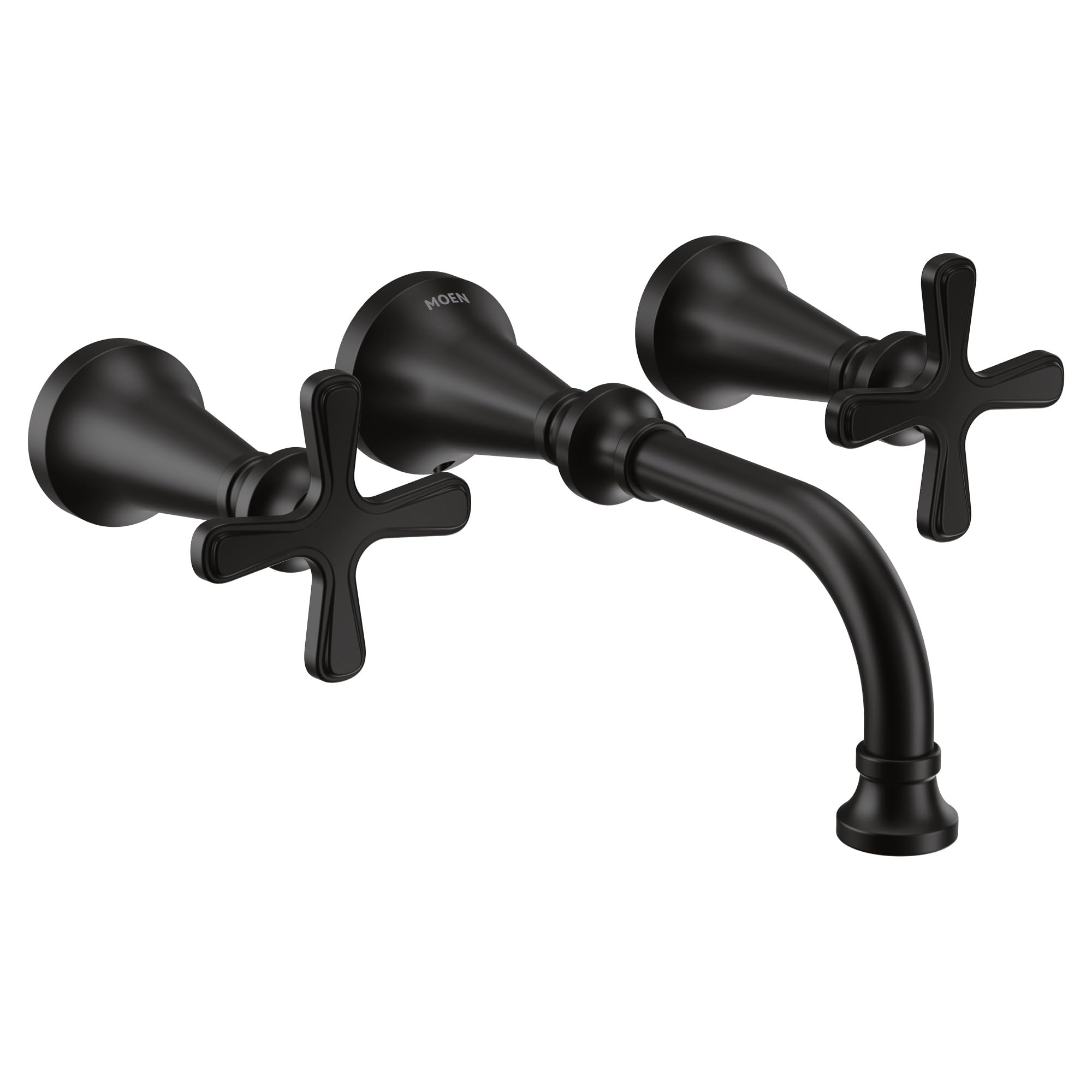 Matte black wall-mount bathroom faucet with curved spout and two cross handles.
